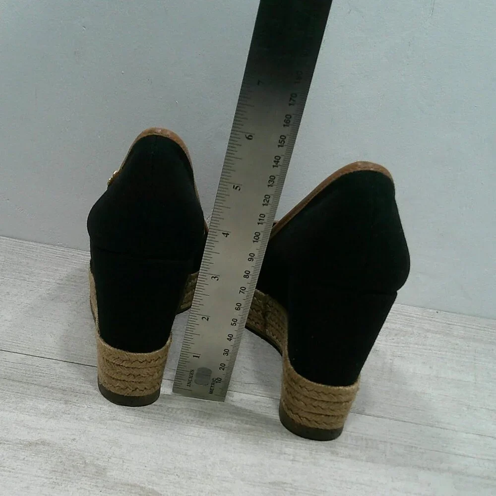 Tory Burch Old Money Black & Tan Majorca Peep Toe Wedge Espadrille Size 38 1/2